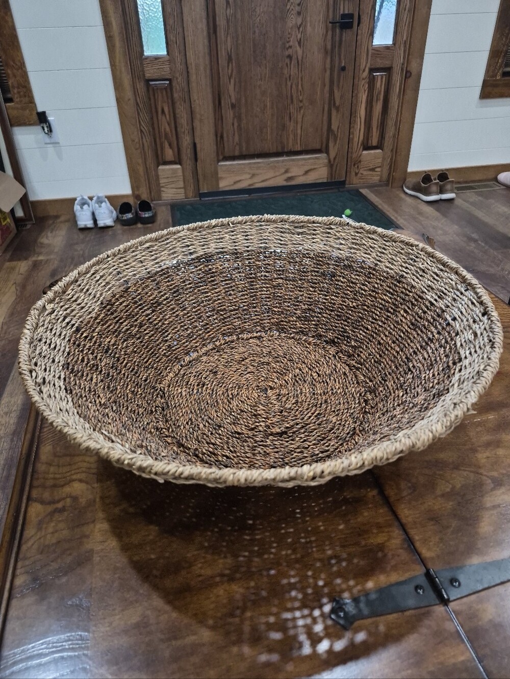 Vintage X Large Grass Hand Woven Two Tone Gathering Decorative Basket Bowl